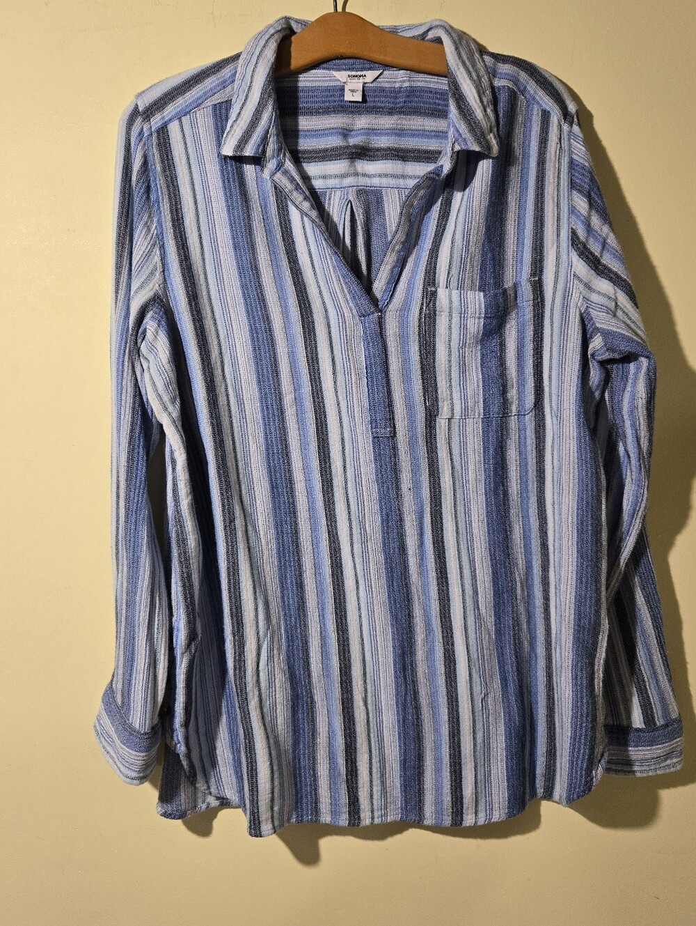 Sonoma Women's Blue & White Striped V-Neck Button-Style Blouse
